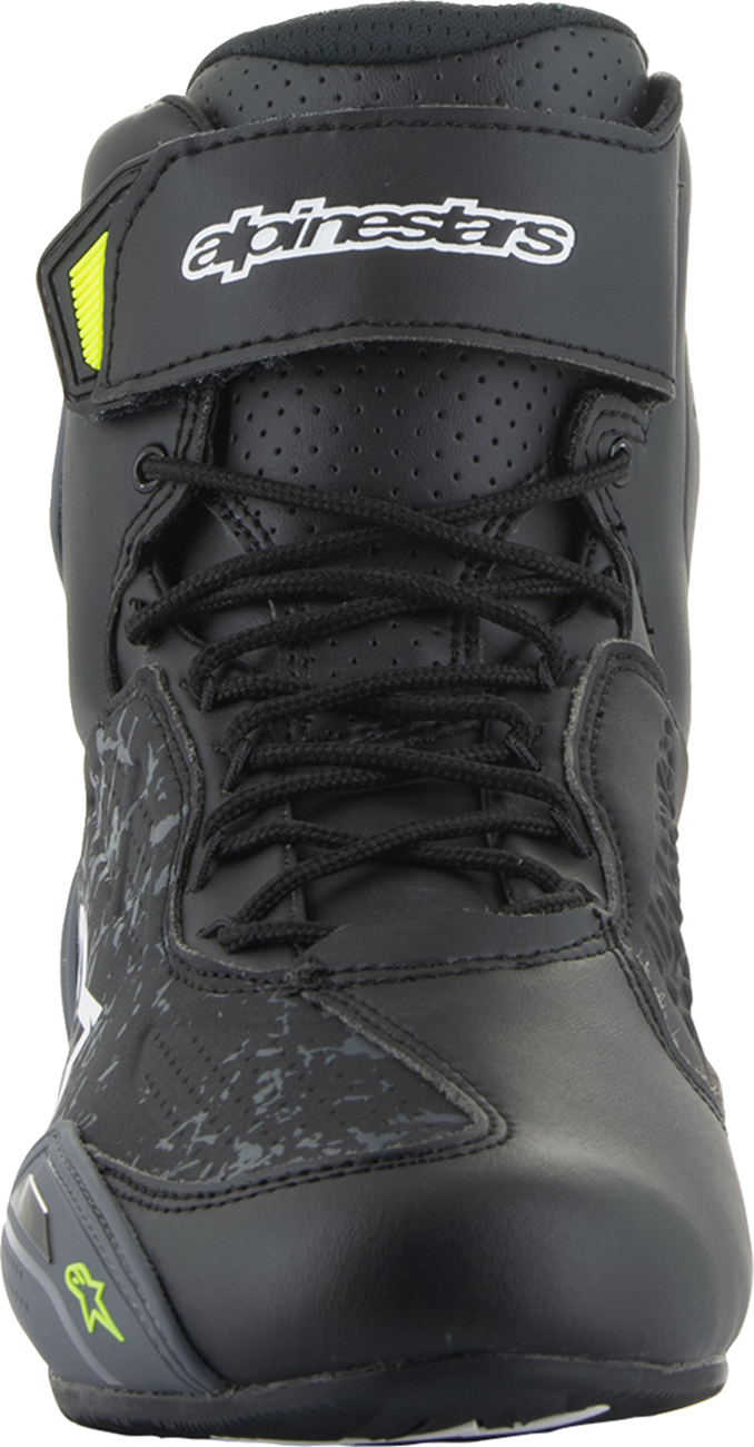 Alpinestars Faster-3 motorcycle shoes in black and yellow with US 13 size, showcasing sleek design and protective features.