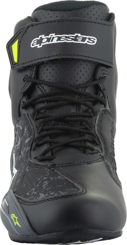 Alpinestars Faster-3 motorcycle shoes in black and yellow with US 13 size, showcasing sleek design and protective features.
