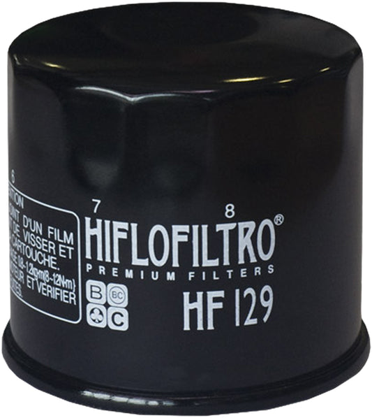 HIFLOFILTRO HF129 motorcycle oil filter showing the cylindrical metal filter element with branding and filter media.