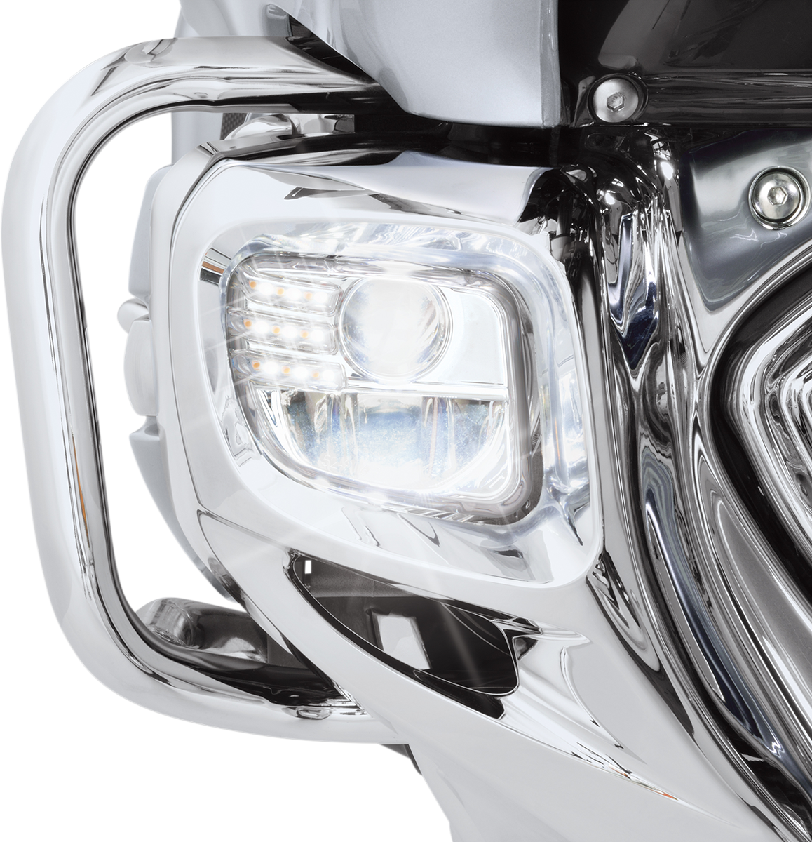 Bill's Exhausts Show Chrome LED Fog Lights Kit for Honda GL1800 motorcycle, featuring engine-mounted LED fog lights.
