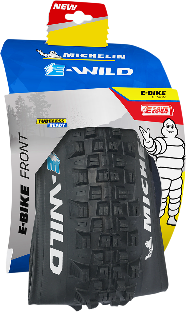 Michelin E-Wild 27.5 x 2.60 front mountain bike tire with knobby tread and black rubber sidewalls.