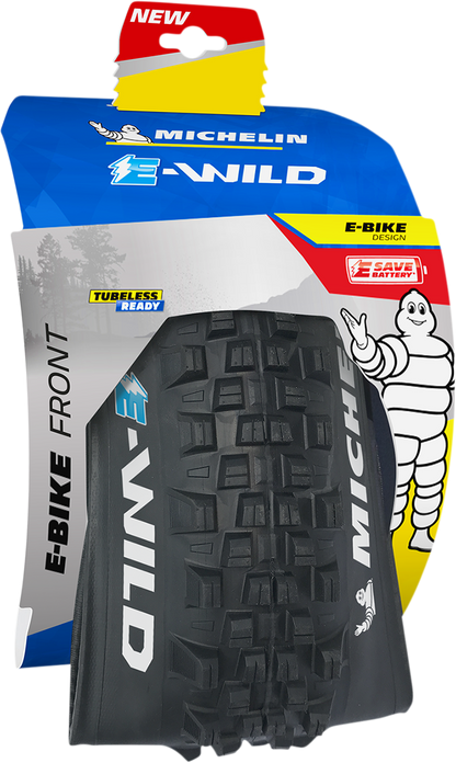 Michelin E-Wild 27.5 x 2.60 front mountain bike tire with knobby tread and black rubber sidewalls.