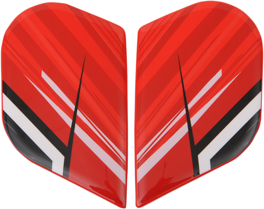Red ICON Alliance™ Overlord helmet side plates with Bill's Exhausts branding, designed for helmet customization and protection.