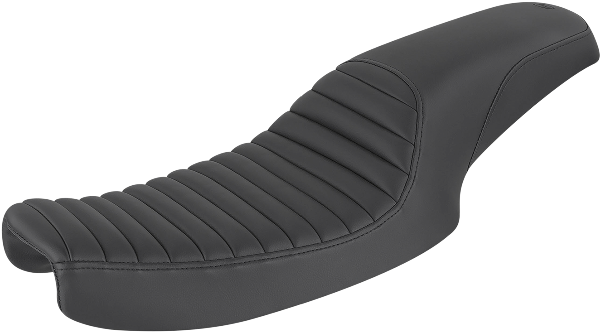 SADDLEMEN Profiler Seat Tuck and Roll design for Dyna motorcycles, featuring black leather upholstery and ergonomic shape.