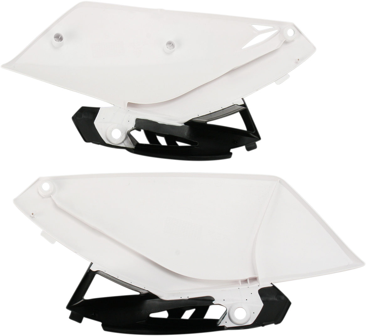 Acerbis white and black side panels for motorcycle body, designed for Bill's Exhausts bikes, featuring sleek color contrast and durable material.