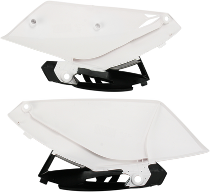 Acerbis white and black side panels for motorcycle body, designed for Bill's Exhausts bikes, featuring sleek color contrast and durable material.