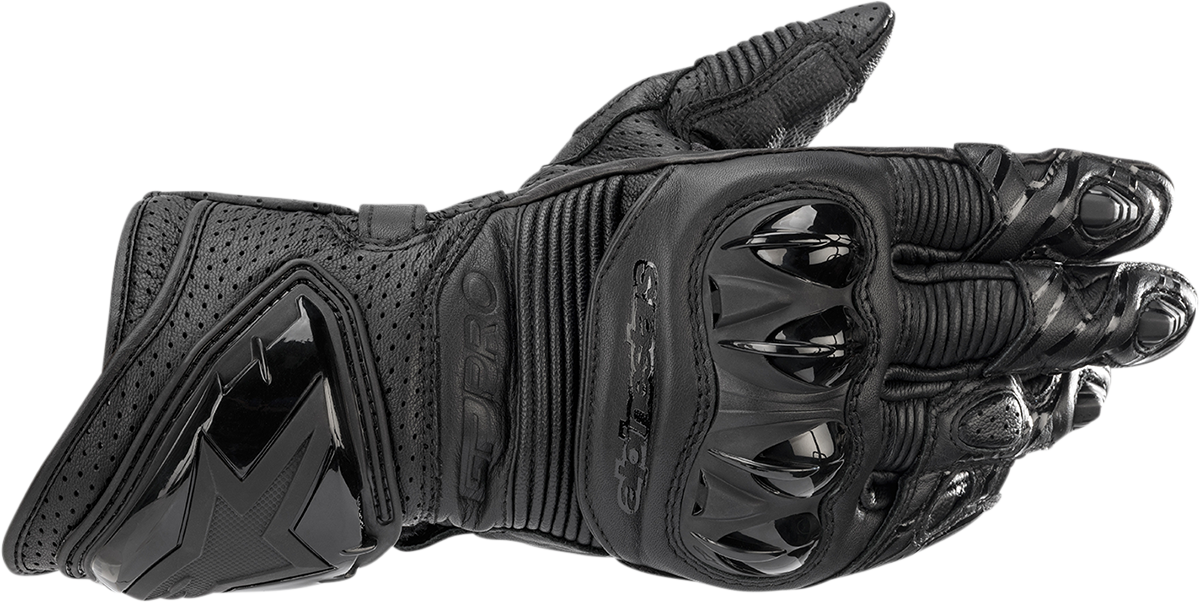 Black ALPINESTARS GP Pro R3 motorcycle gloves in 2XL size, featuring protective armor and textured grip details.