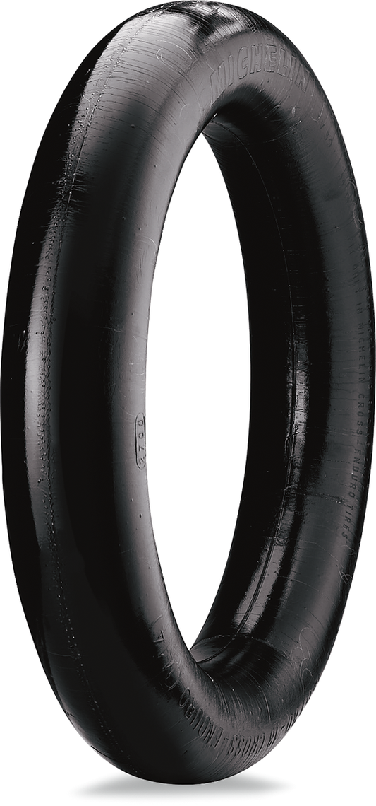Michelin Bib Mousse Standard tube, 1.85-inch, designed for motorcycle tires, shown in a close-up image with valve and branding details.