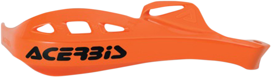 A pair of bright orange Acerbis Rally Profile handshields mounted on motorcycle handlebars for rally racing protection.
