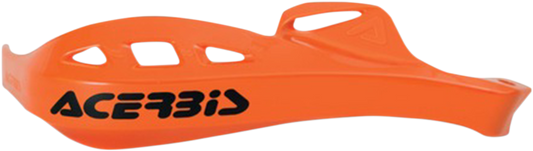 A pair of bright orange Acerbis Rally Profile handshields mounted on motorcycle handlebars for rally racing protection.