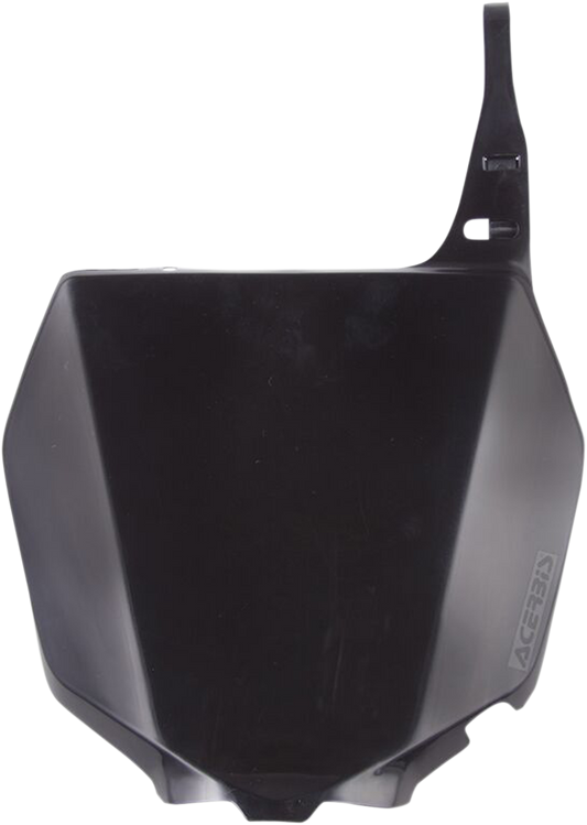 Black Acerbis front number plate for motorcycles, body-colored with mounting holes, designed for durability and style.