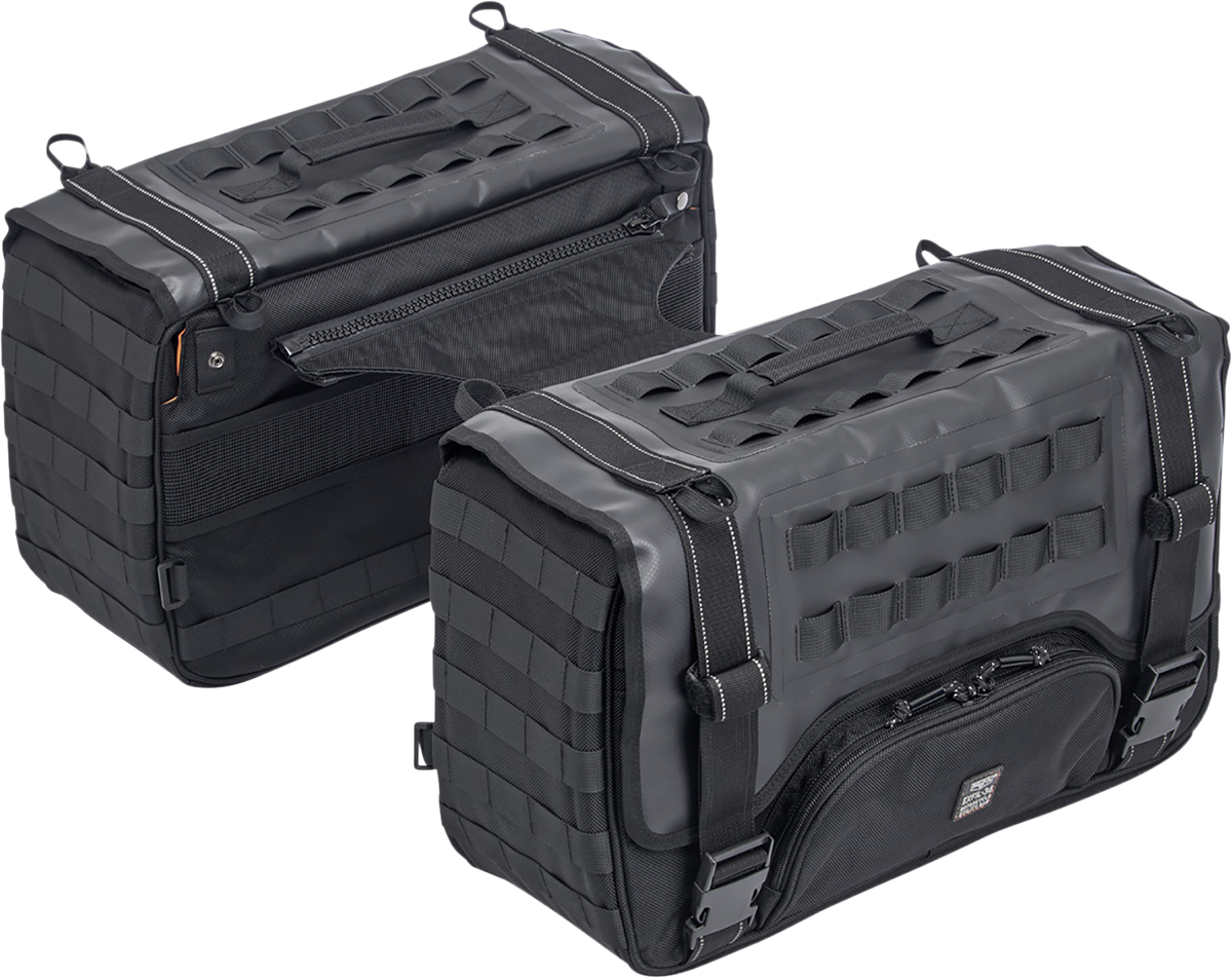 Black BILTWELL EXFIL-36 Saddlebags on a motorcycle, showing durable leather bags with metal buckles for storage and style.