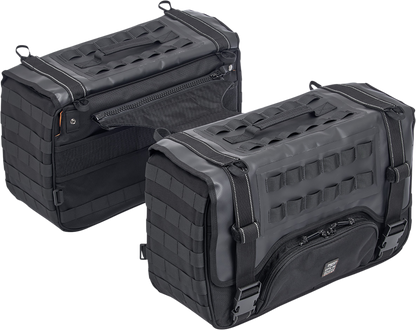 Black BILTWELL EXFIL-36 Saddlebags on a motorcycle, showing durable leather bags with metal buckles for storage and style.