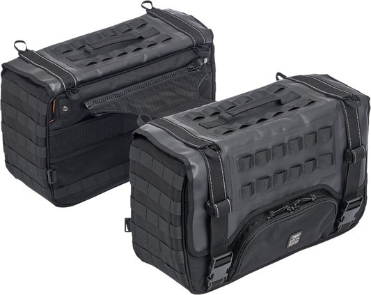 Black BILTWELL EXFIL-36 Saddlebags on a motorcycle, showing durable leather bags with metal buckles for storage and style.