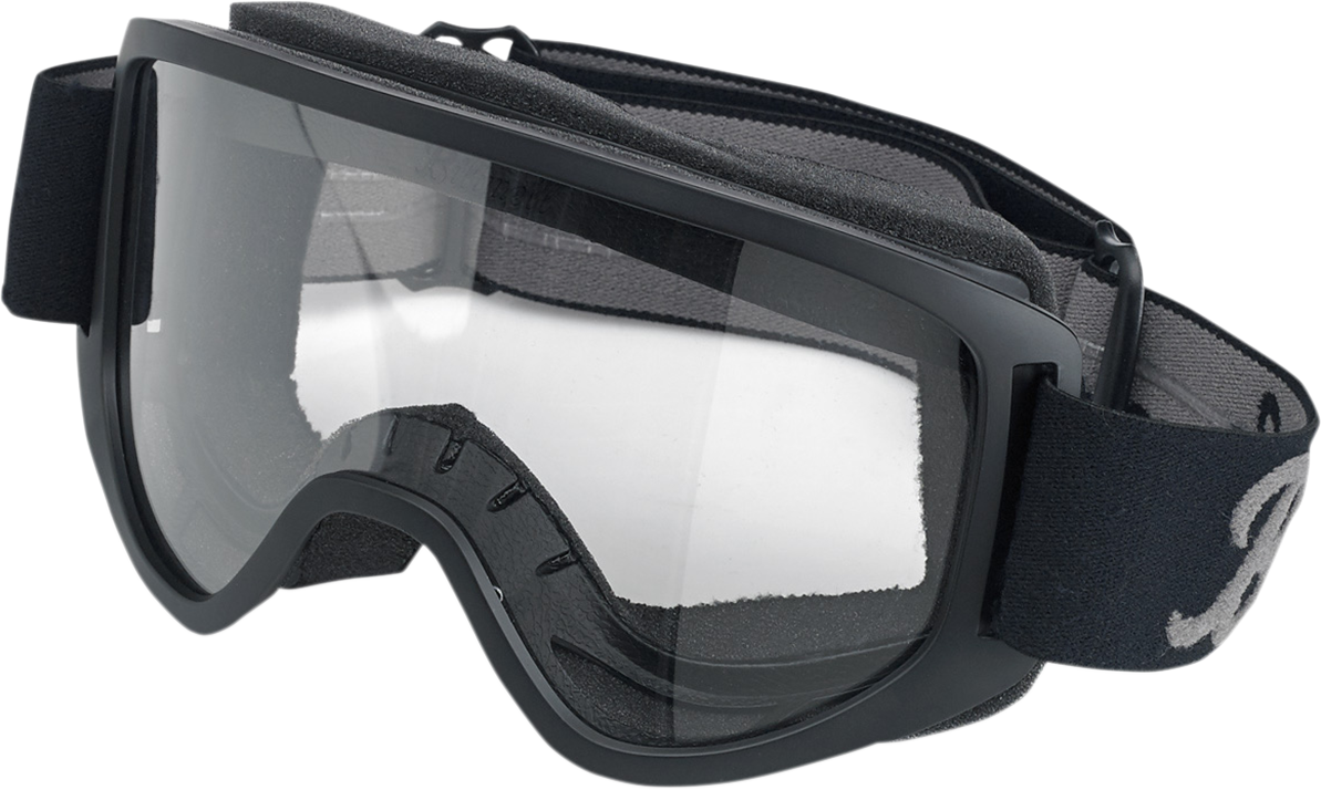 Black BILTWELL Moto 2.0 Goggles with script design, designed for motorcycle helmets and riding comfort.