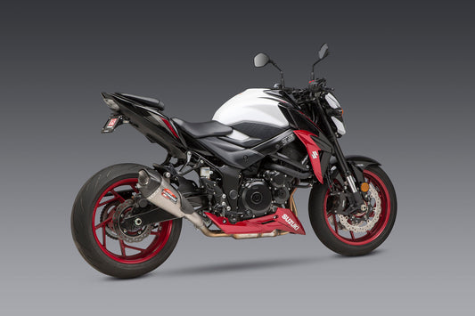 YOSHIMURA Street AT2 slip-on exhaust with carbon fiber end cap and works finish mounted on motorcycle.