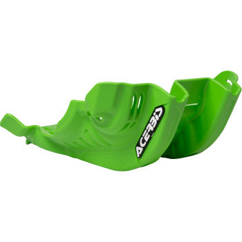 A green Acerbis skid plate for Kawasaki KX 450 2024 motorcycle, mounted on the body of the bike, with technical details visible.