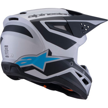 Alpinestars SM3 motorcycle helmet in matte silver, blue, and black, size large, with sleek design and vent openings.