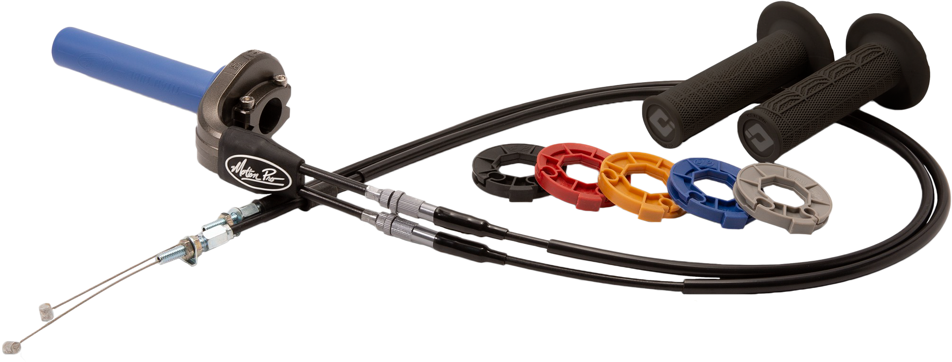 Motion Pro Rev3 throttle kit for off-road motorcycles, showing the black throttle grip and cable assembly in detail.