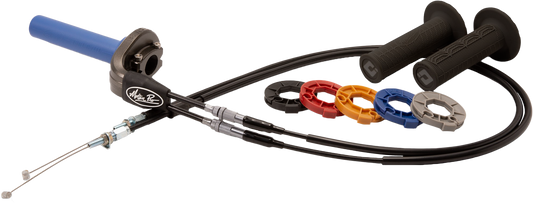 Motion Pro Rev3 throttle kit for off-road motorcycles, showing the black throttle grip and cable assembly in detail.
