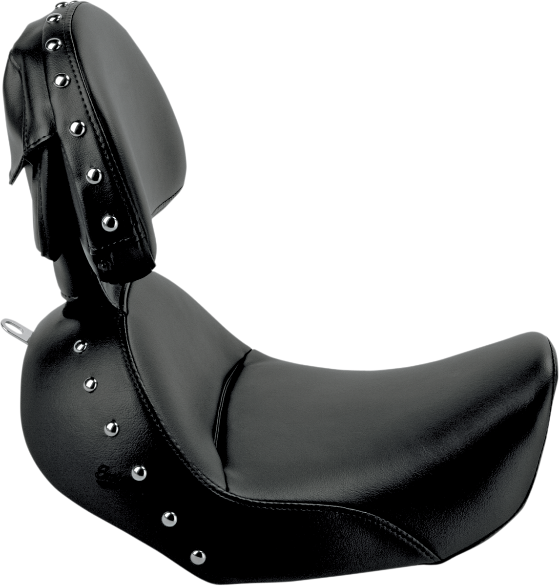 Black Saddlemens Heels Down Solo Seat with backrest and studded design for Dyna motorcycles, featuring a sleek, comfortable seat.