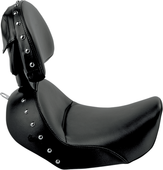 Black Saddlemens Heels Down Solo Seat with backrest and studded design for Dyna motorcycles, featuring a sleek, comfortable seat.