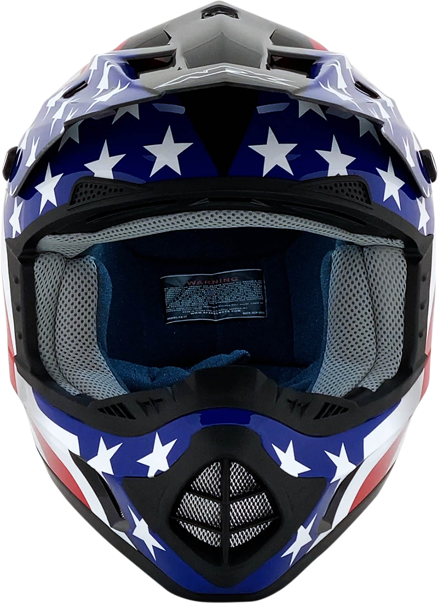 Black AFX FX-17 helmet with flag design, size 4XL, featuring a sleek helmet shape and detailed graphics.