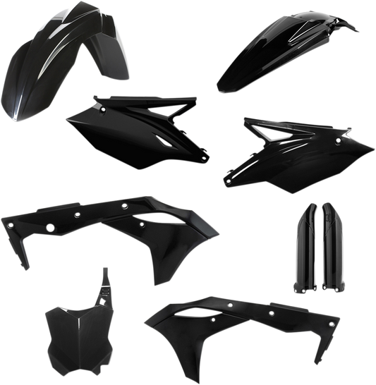 Acerbis black full replacement body kit for motorcycles, showcasing sleek, durable body panels designed for installation.