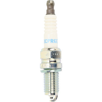 NGK DCPR6E spark plug for motorcycles and powersports, showing the standard resistor design and metal terminal.