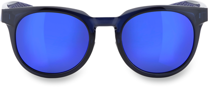 Bill's Exhausts 100% Campo sunglasses in blue with blue mirror lenses, featuring a sleek frame and reflective tinted lenses.