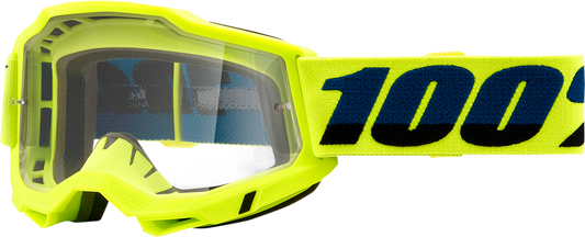 Bill's Exhausts 100% Accuri 2 OTG Goggles in fluo yellow with clear lenses, designed for motocross and off-road riding.