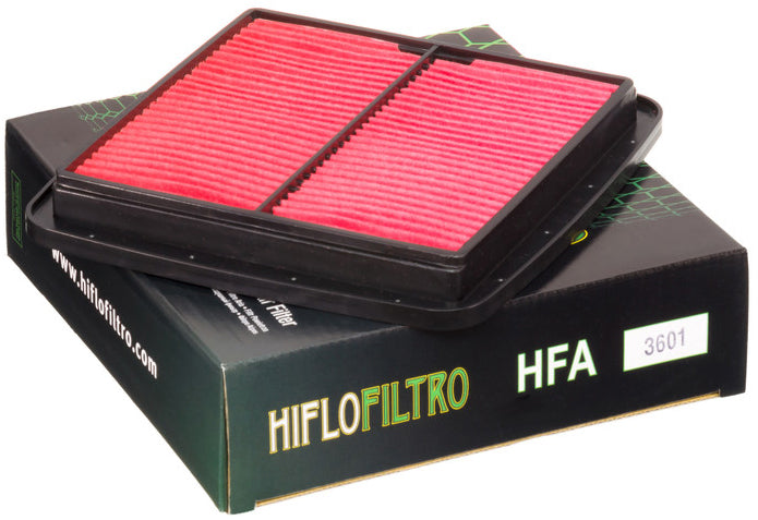 Hiflofiltro HFA3601 air filter for high performance engines, shown installed in engine compartment with clean filter media