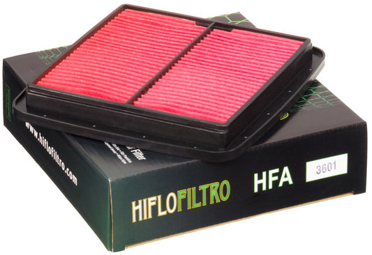 Hiflofiltro HFA3601 air filter for high performance engines, shown installed in engine compartment with clean filter media