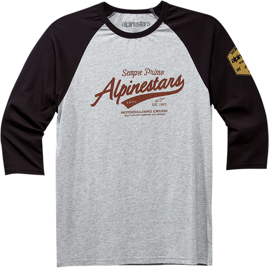 Alpinestars Script T-Shirt in black and heather gray with logo on front, size 2XL, casual fit, made by Bill's Exhausts.