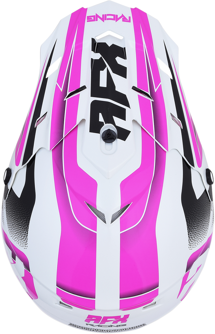 AFX FX-17 Force helmet in pearl white and fuchsia, medium size, with sleek aerodynamic design and clear visor.