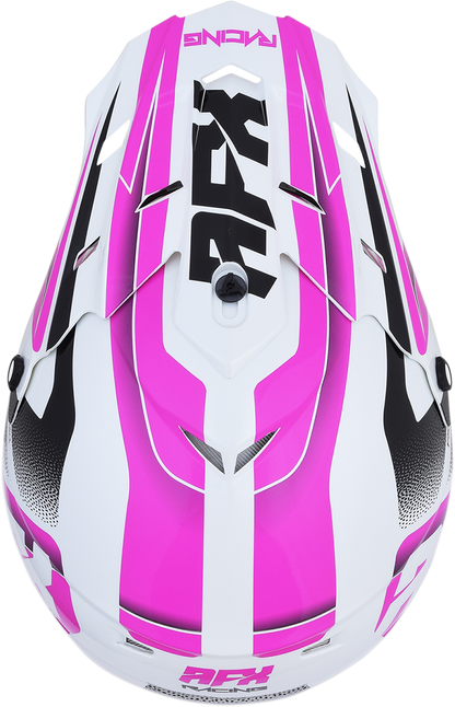 AFX FX-17 Force helmet in pearl white and fuchsia, medium size, with sleek aerodynamic design and clear visor.
