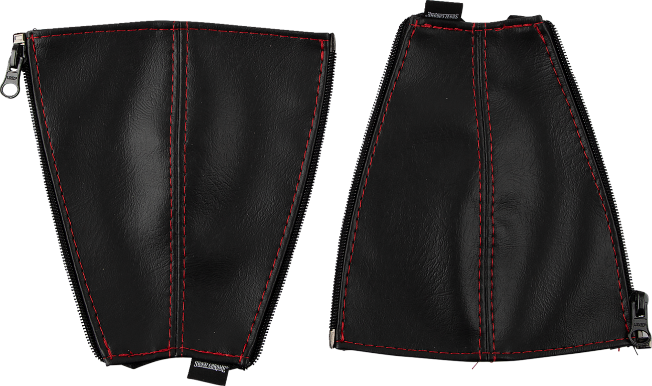 Black SHOW CHROME seat belt covers with red stitching, designed for engine safety and style by Bill's Exhausts.