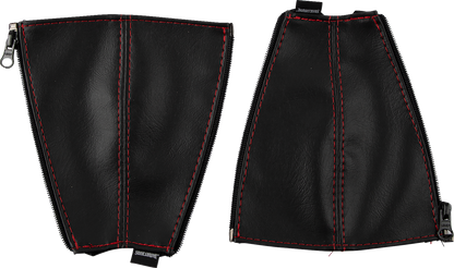 Black SHOW CHROME seat belt covers with red stitching, designed for engine safety and style by Bill's Exhausts.