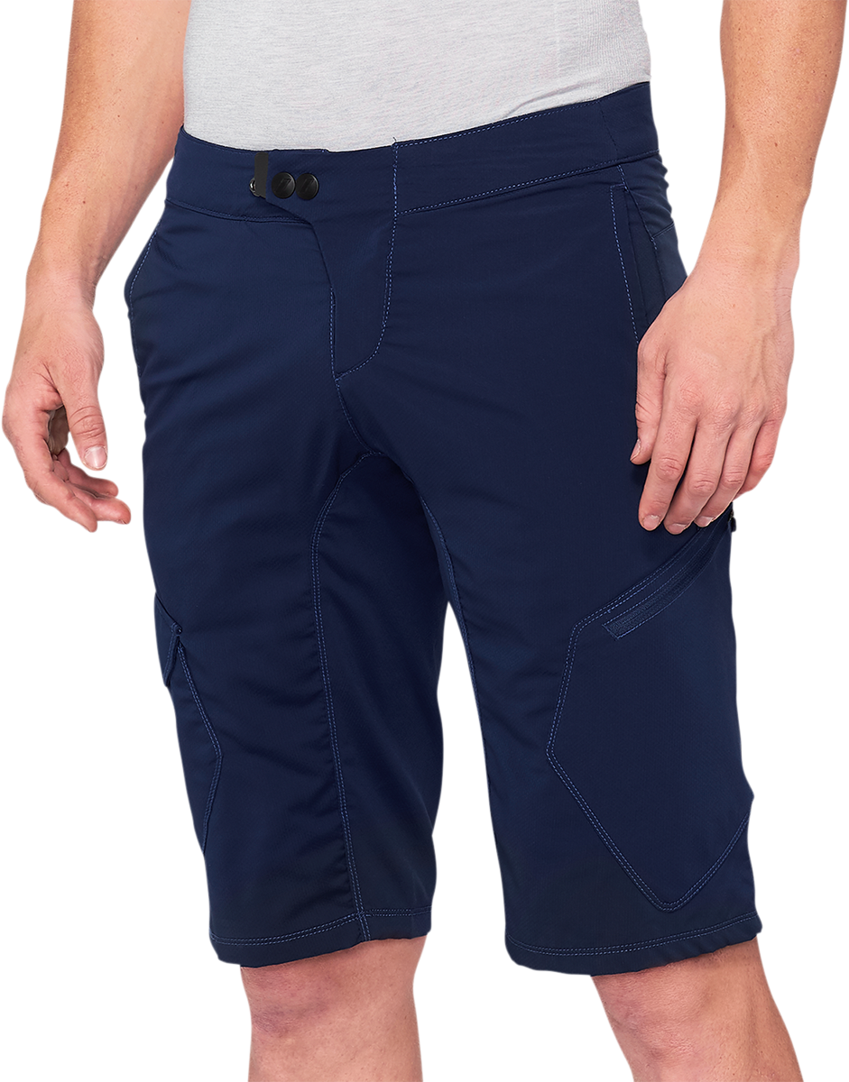 Bill's Exhausts Ridecamp Shorts in navy, US size 32, featuring a comfortable fit and casual style with visible stitching accents.