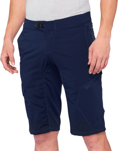 Bill's Exhausts Ridecamp Shorts in navy, US size 32, featuring a comfortable fit and casual style with visible stitching accents.