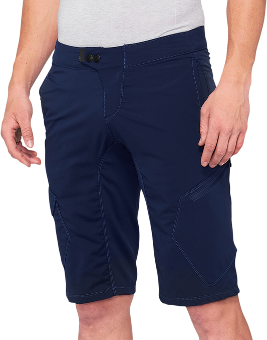 Bill's Exhausts Ridecamp Shorts in navy, US size 28, featuring lightweight fabric and relaxed fit for outdoor activities.