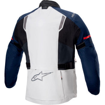 Alpinestars ST7 2L GTX jacket in gray, blue, and black, medium size, featuring waterproof fabric and adjustable hood.