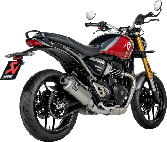 AKRAPOVIC Slip-On Line Muffler for Speed and Scrambler 400 motorcycle, alloy exhaust with sleek finish, part number S-T4SO1-HDT