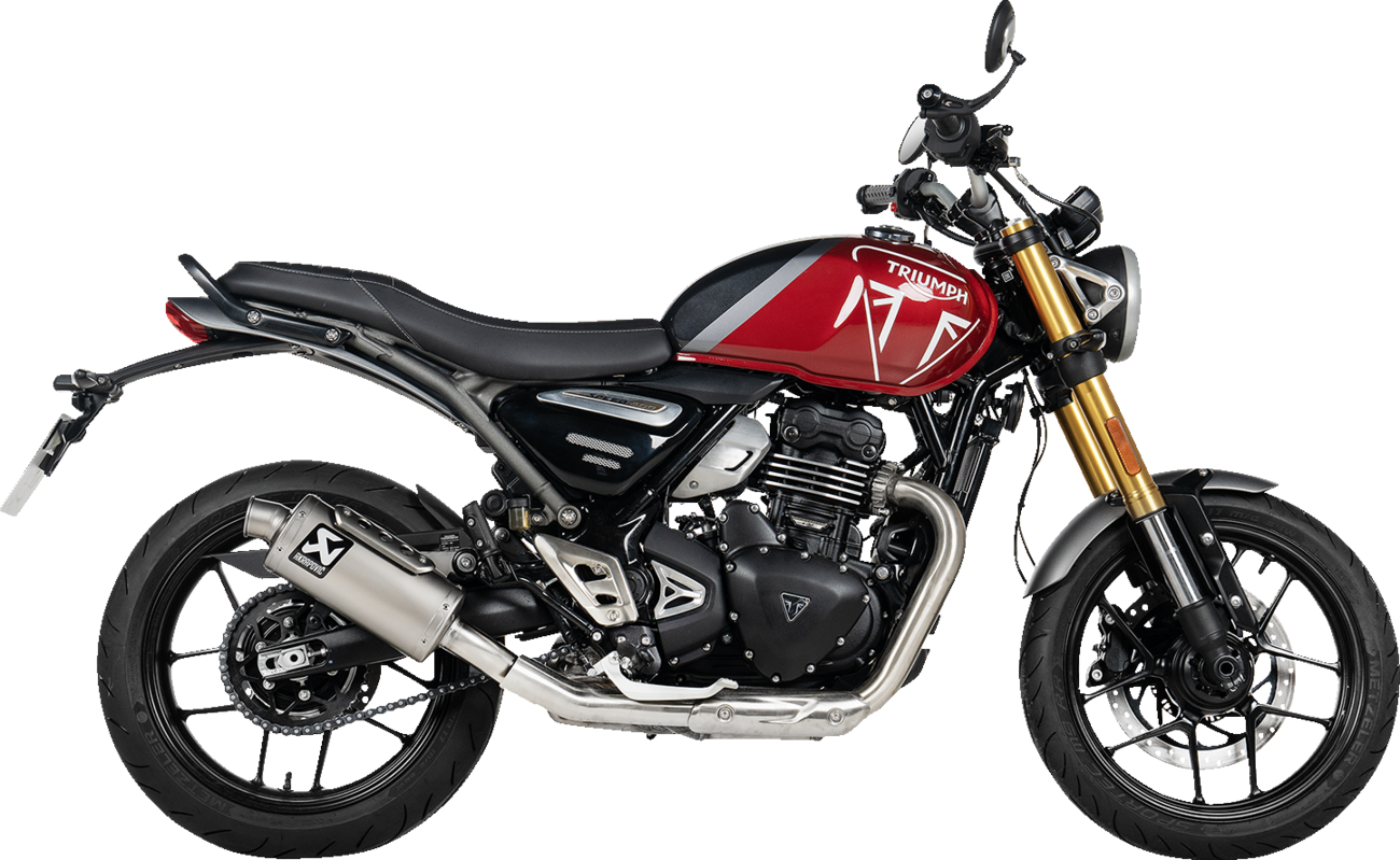 AKRAPOVIC Slip-On Line Muffler for Speed and Scrambler 400 motorcycle, showing the polished exhaust with branding detail