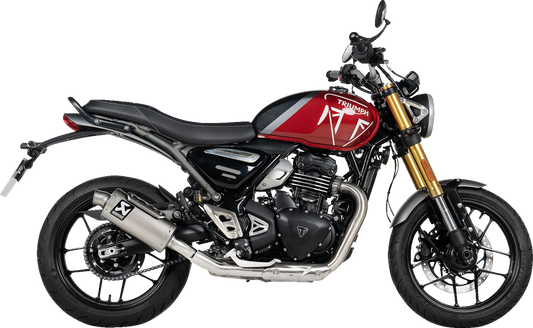 AKRAPOVIC Slip-On Line Muffler for Speed and Scrambler 400 motorcycle, showing the polished exhaust with branding detail