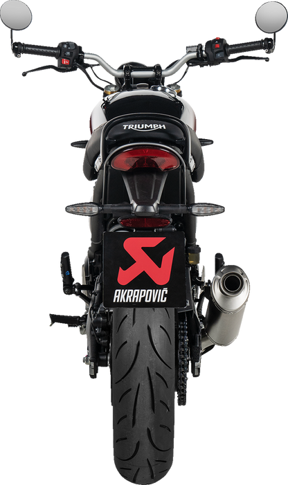 AKRAPOVIC Slip-On Line muffler for Speed and Scrambler 400 motorcycle, with polished metal finish and branding details.