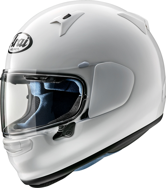 White ARAI HELMETS Regent-X motorcycle helmet with medium size, featuring a sleek design and secure fit.