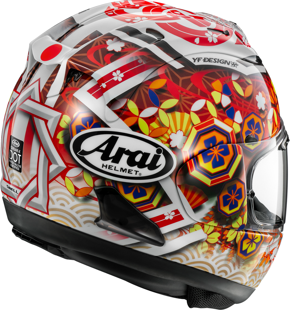 Arai Corsair-X motorcycle helmet in Nakagami-4 design, large size, featuring aerodynamic shell and clear visor, by Arai Helmets.