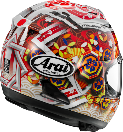 Arai Corsair-X motorcycle helmet in Nakagami-4 design, large size, featuring aerodynamic shell and clear visor, by Arai Helmets.