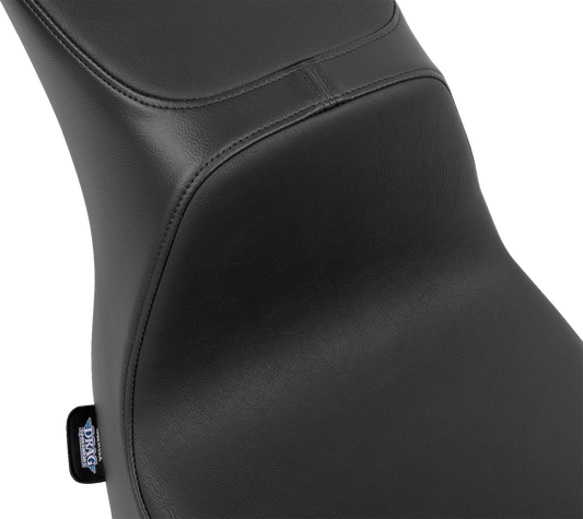 DRAG SPECIALTIES SEATS Predator 2-Up motorcycle seat with vinyl cover for FLSB/FXLRS models 2018-2024, shown on bike.